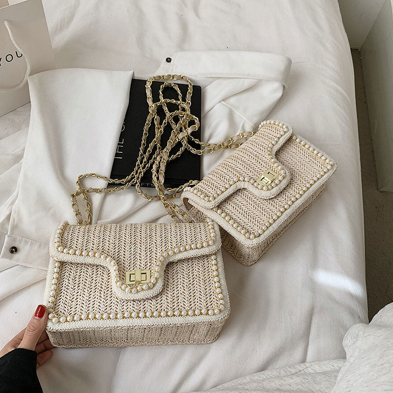 Woven Straw Shoulder Bag with Faux Pearls Set of 2